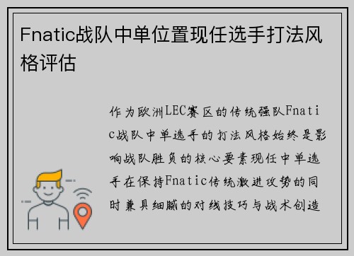 Fnatic战队中单位置现任选手打法风格评估
